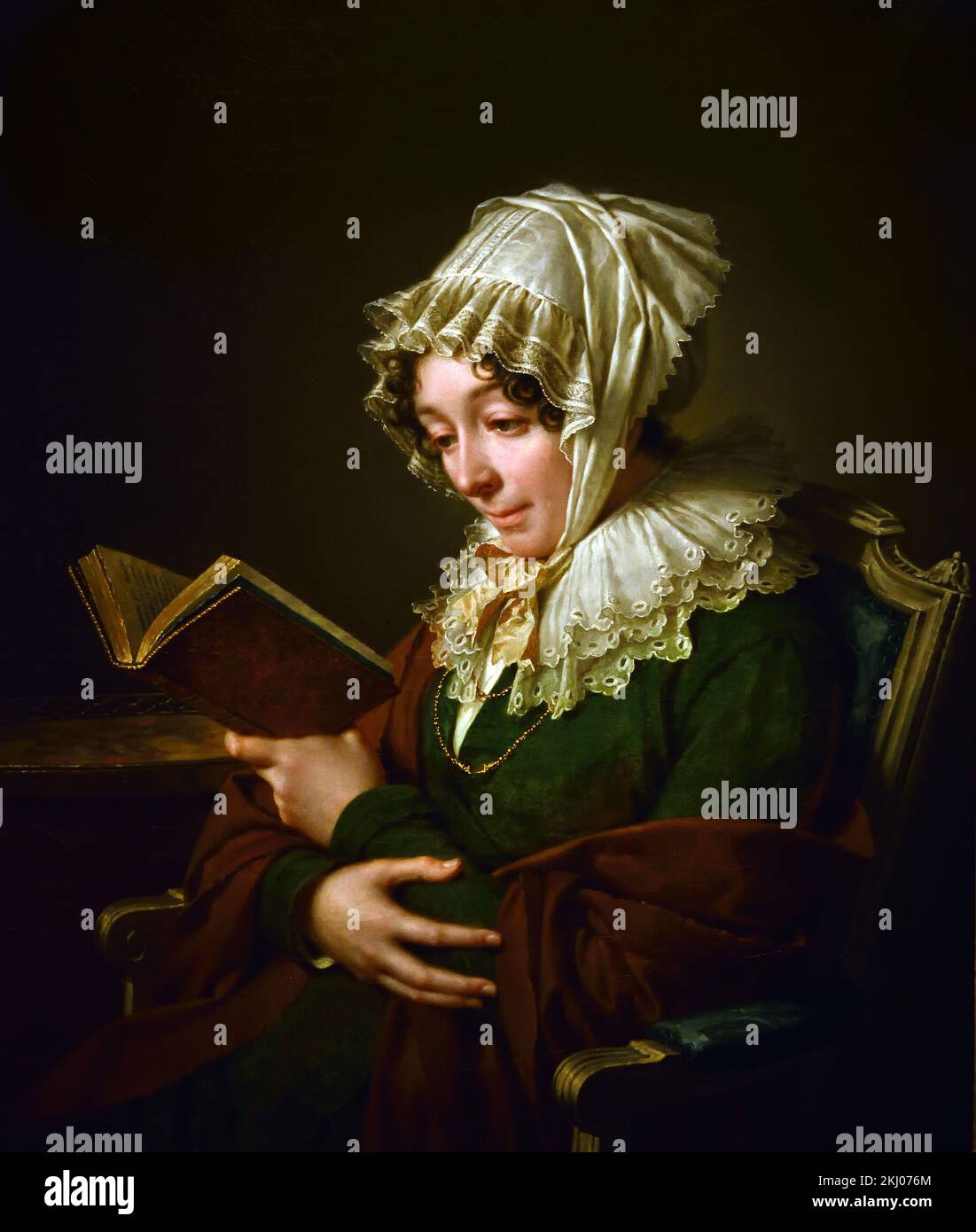 Eine Frau, die in einem Stuhl sitzt und ein Buch liest, vielleicht seine Frau 1816 von MONSIAU Nicolas André 1754-1837 Frankreich Stockfoto