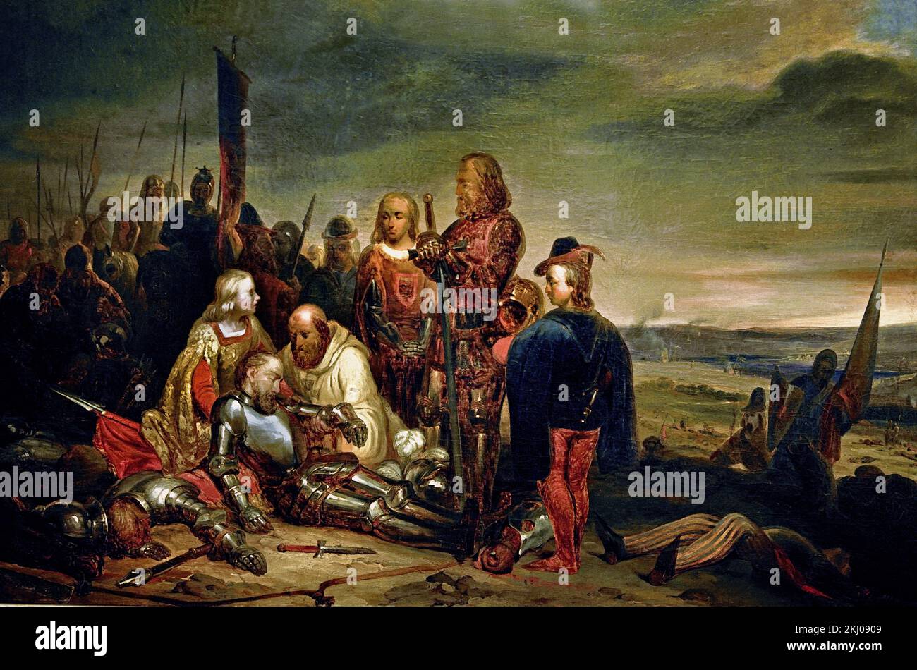 Tod von Johannes dem Blinden (Böhmischer König getötet bei der Schlacht von Crécy 1346) Gemälde von Nicolas Liez Museum, Luxemburg ( Johannes der Blinde oder Johannes von Luxemburg war der Graf von Luxemburg von 1313 und König von Böhmen von 1310 und Titelkönig von Polen. ) Stockfoto