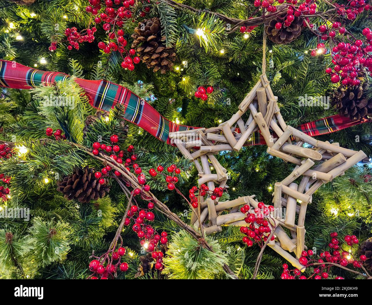 Sternschmuck aus Treibholz auf dem Weihnachtsbaum mit rotem Band, Beeren und Weihnachtslichtern Stockfoto