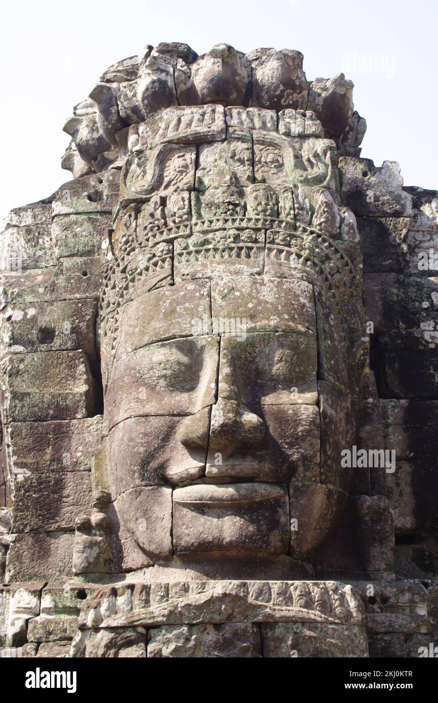 Gesicht von König Jayavarman VII (Bas Relief), Bayon Tempel, Angkor Thom, Siem Reap, Kambodscha. Stockfoto