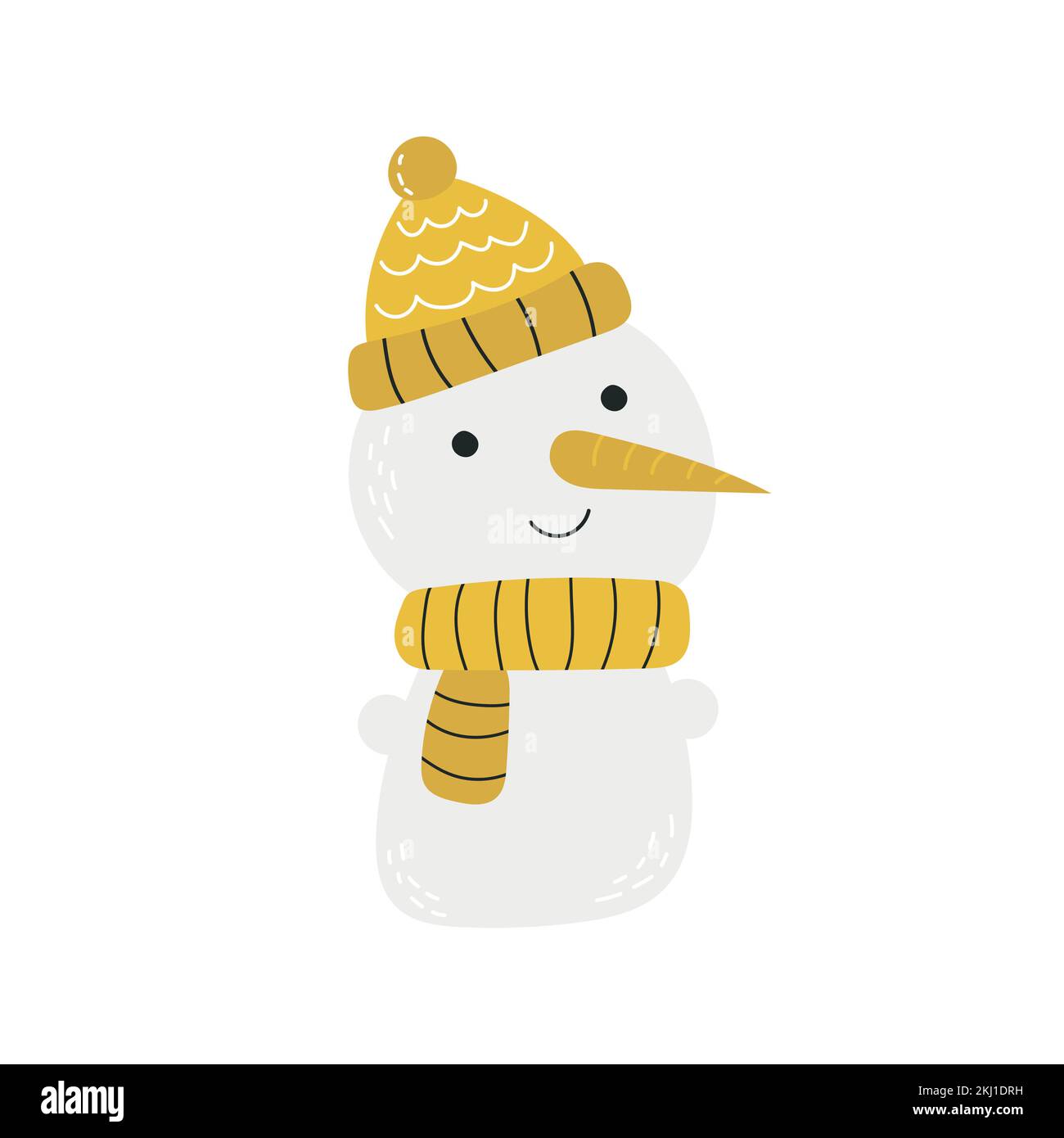 Lächelnder Schneemann mit gelbem Hut und Schal. Handgezeichnet, isoliert auf weißem Hintergrund. Design für Grußkarte, Banner. Skandinavischer minimalistischer Style Stock Vektor