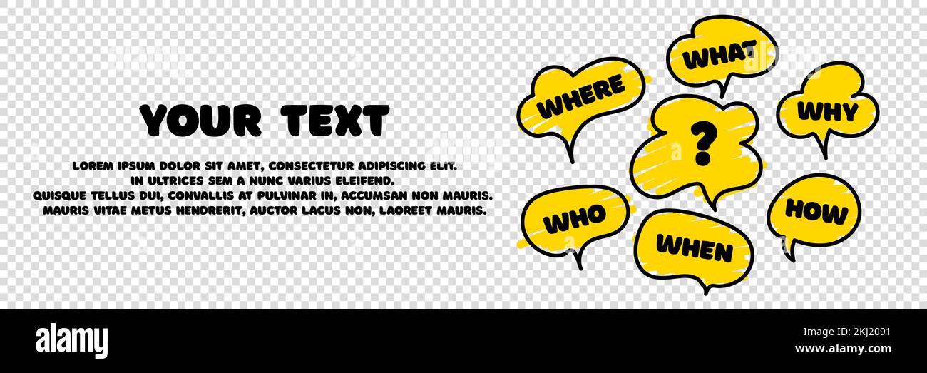 Banner mit der Frage, was, wie, warum, was und wo. Webbanner für Unternehmen. Platz für Ihre SMS. Stellen und Fragezeichen. Einbeziehung der Kommunikation PEO Stock Vektor Banner mit der Frage, was, wie, warum, was und wo. Webbanner für Unternehmen. Platz für Ihre SMS. Stellen und Fragezeichen. Einbeziehung der Kommunikation PEO Stock Vektor