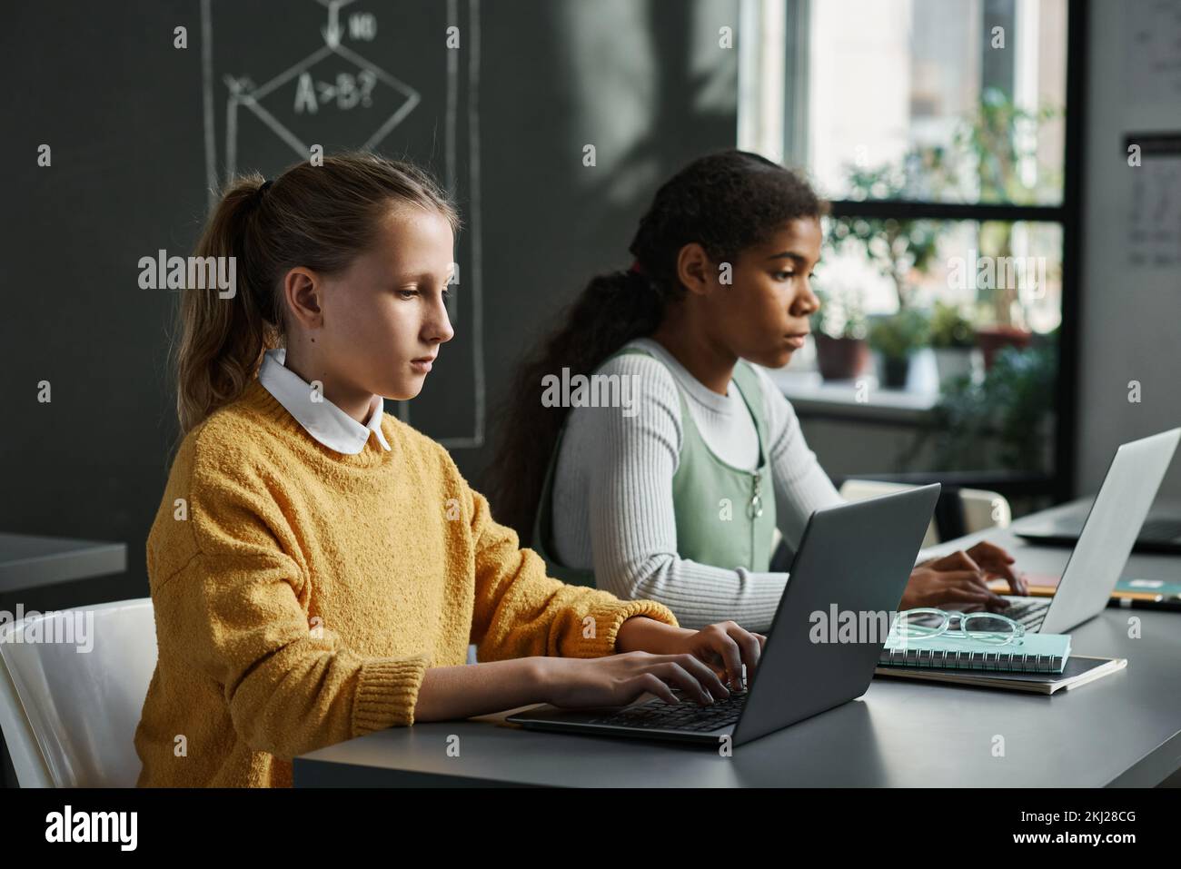 Zwei Schulmädchen sitzen am Tisch und tippen auf Computern, um neue Software im Unterricht zu testen Stockfoto