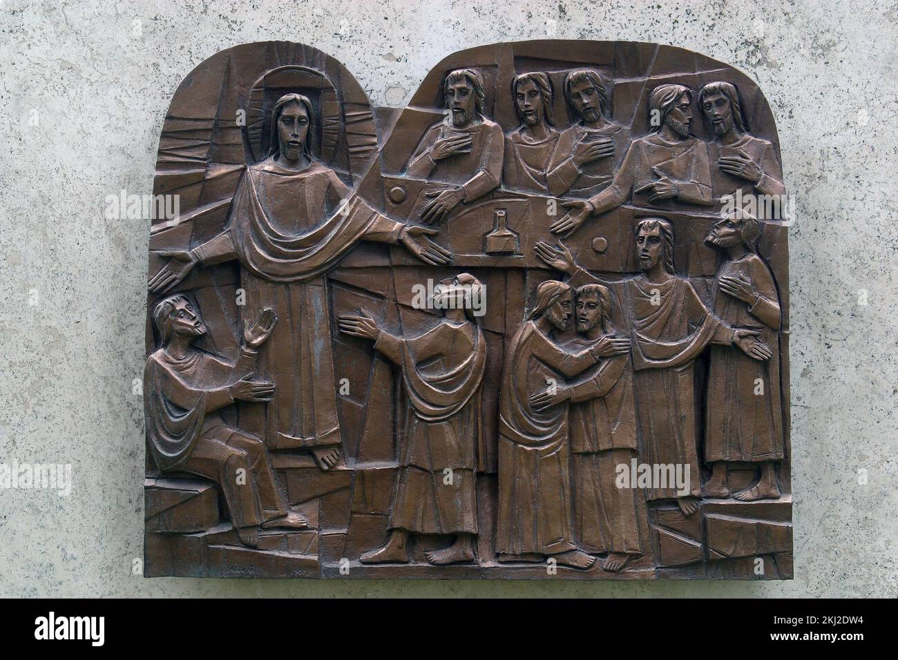 Jesus gibt den Jüngern die Befugnis, Sünden zu vergeben, die Art des Lichts von Giovanni Dragoni, San Callisto Katakomben in Rom, Italien Stockfoto