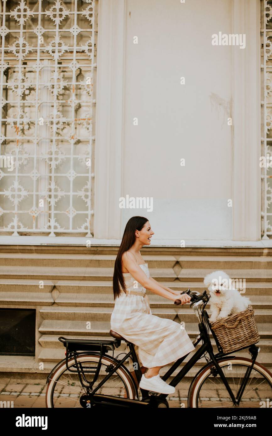 Hübsche junge Frau mit weißem bichon Frisehund im Korb mit Elektrofahrrad Stockfoto