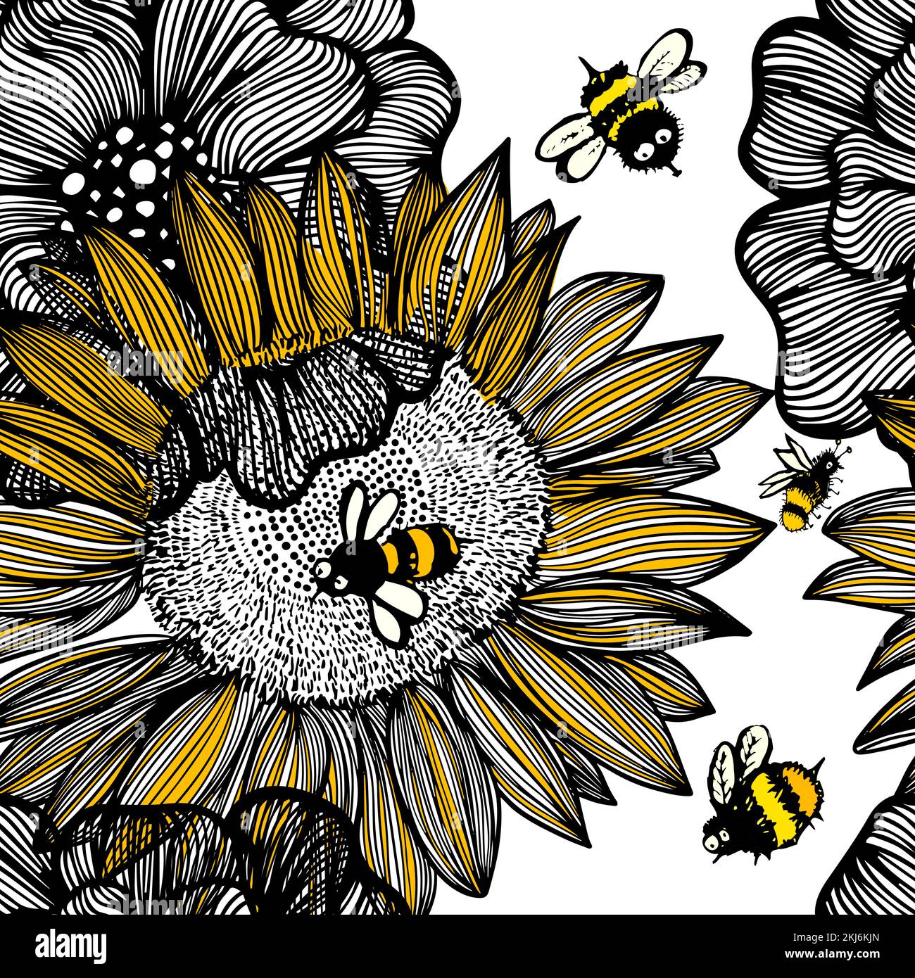 Nahtloses Muster mit schwarzen und gelben Blumen. vektordarstellung. Ethnische Blumen, indische Elemente. Vintage Floral Hintergrund mit Bienen. Stock Vektor