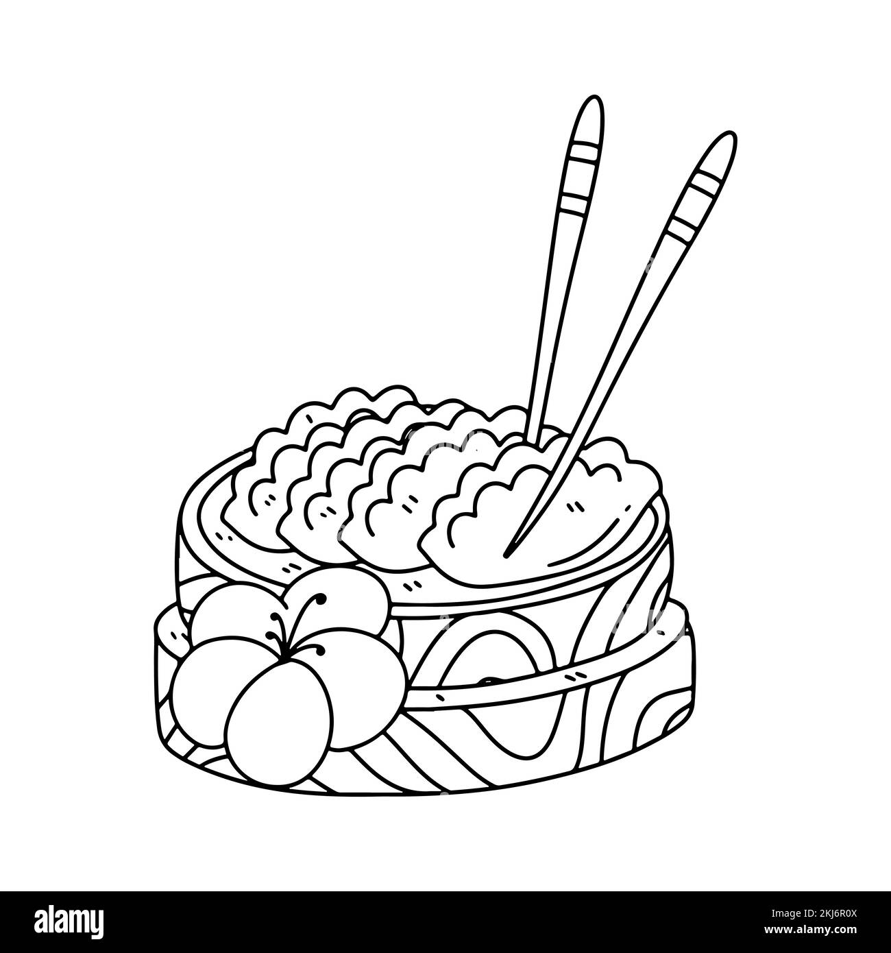 Dim Sum Frühstück im handgezeichneten Doodle-Stil. Asiatisches Speiseelement isoliert auf weißem Hintergrund Stock Vektor