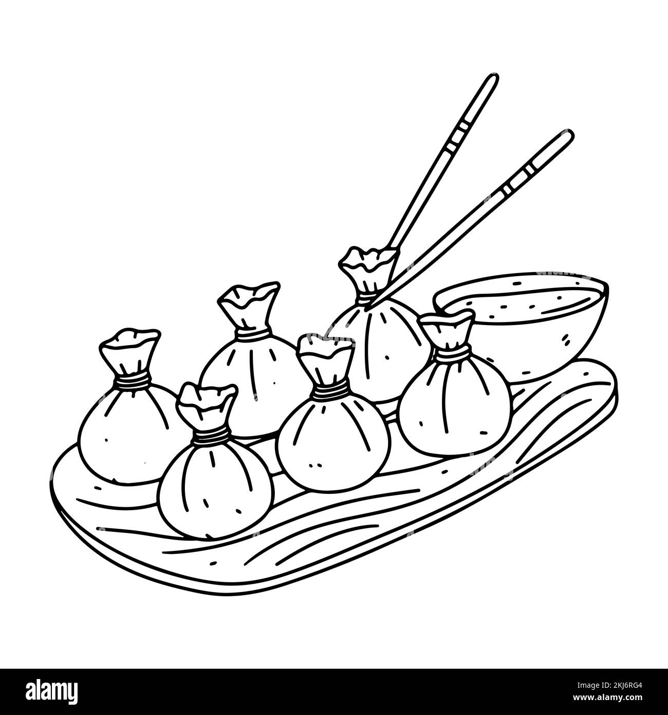 Dim Sum im handgezeichneten Doodle-Stil. Vektordarstellung. Chinesische Teigtaschen mit Sauce auf einem Holztablett Stock Vektor