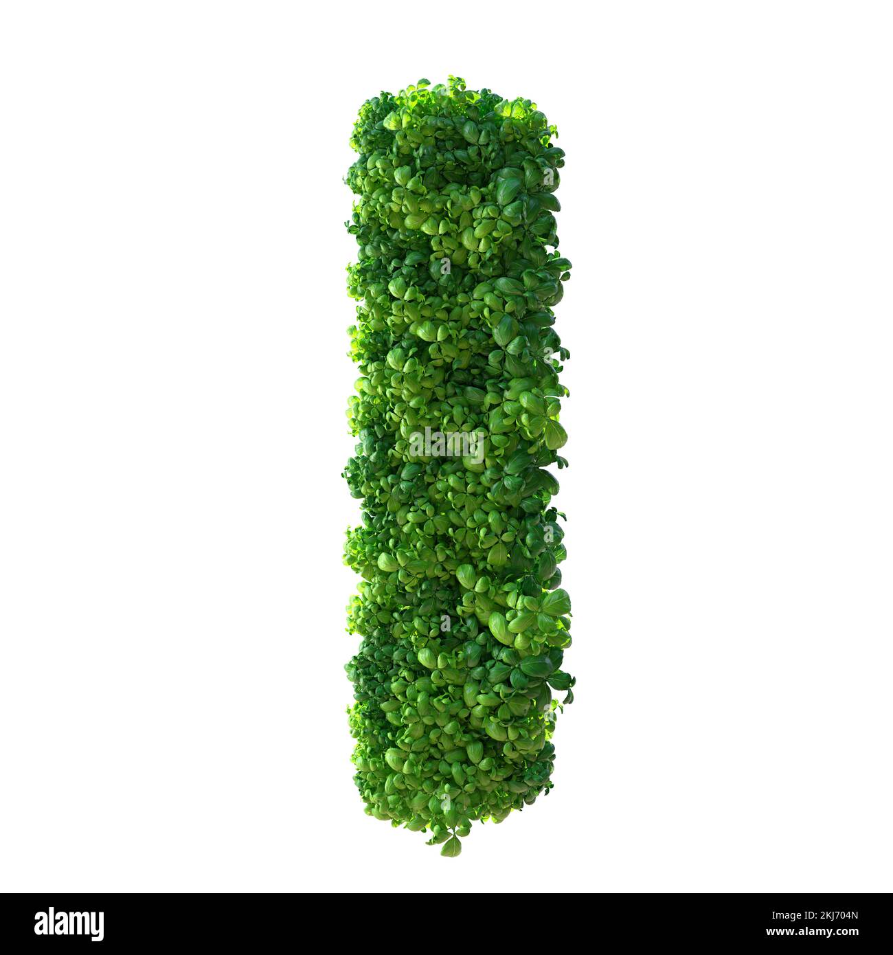 3D Buchstabe I. Grüne Pflanze, Blätter, Gras, Moos, Basilikum, Minze. Isoliert auf weißem Hintergrund mit Beschneidungspfad. 3D Abbildung. Stockfoto