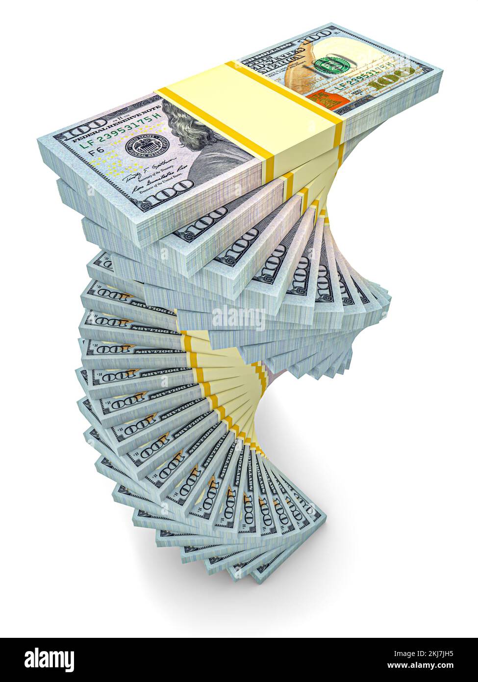 Große Geldstapel aus Dollars, isoliert auf weißem Hintergrund. Dollar-Finanzkonzeption. 3D-Rendering Stockfoto
