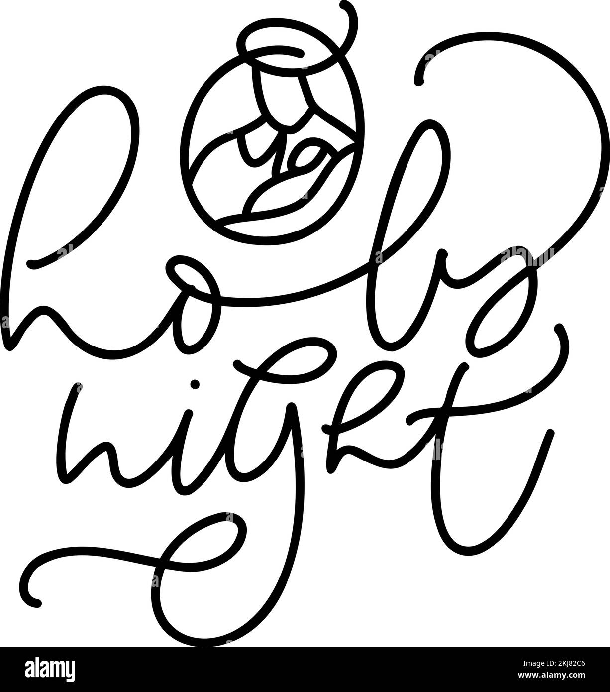 O Heilige Nacht-Linie Kalligrafietext und Weihnachtsvektorszene Geburt des Jesuskindes mit Joseph. Minimalistische Strichzeichnung, Druck für Kleidung und Stock Vektor
