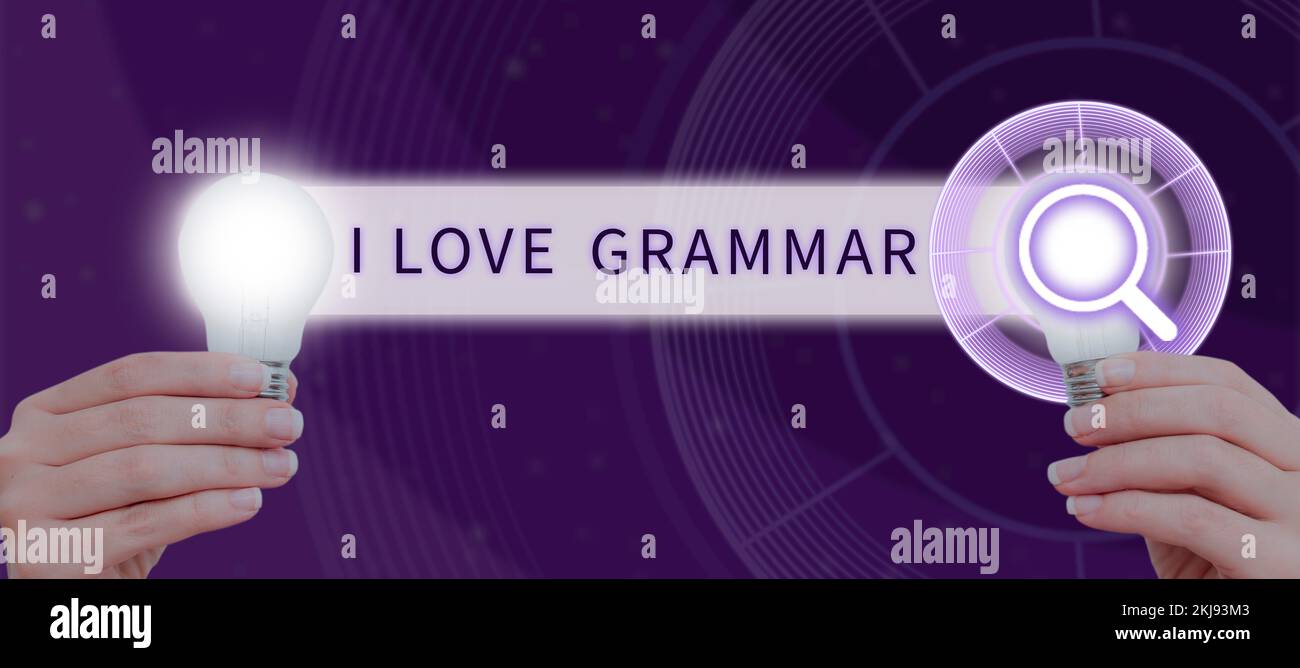 Textunterschrift mit „I Love Grammar“. Begrifflicher Fotoakt des Bewunderungssystems und der Sprachstruktur Stockfoto