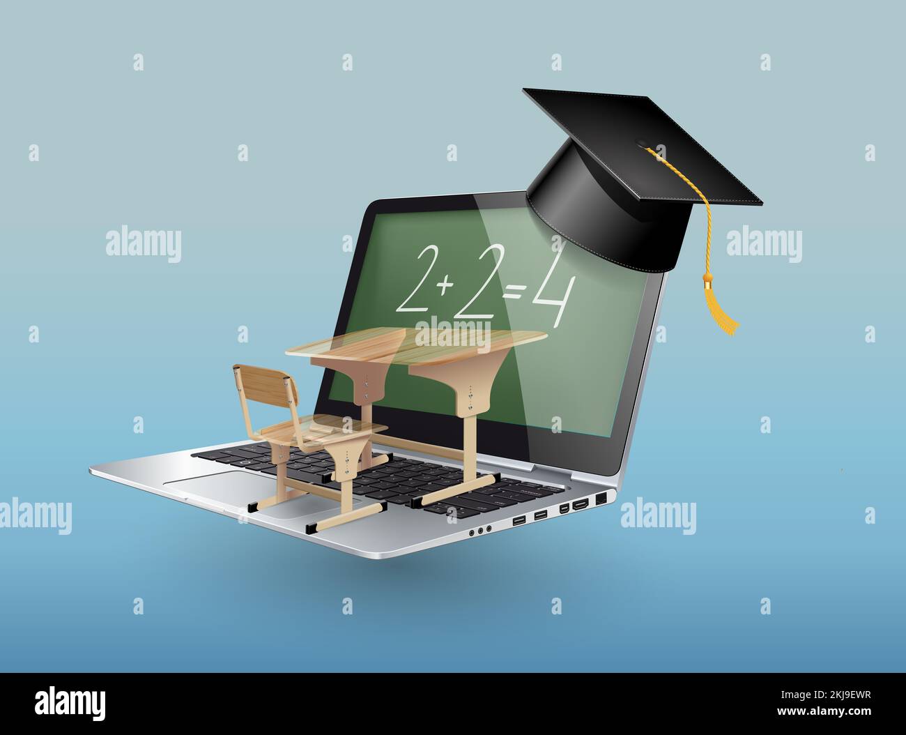 Schulschreibtisch mit Laptop als e-learning-Konzept Stockfoto