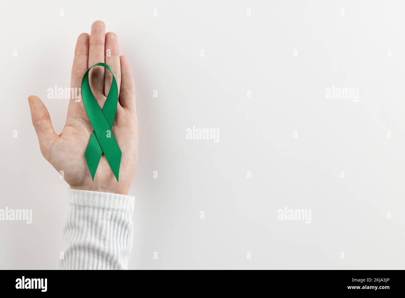 Zusammensetzung des Handhaltens grünes Band zur Bewusstseinsbildung für psychische Gesundheit auf weißem Hintergrund mit Kopierraum Stockfoto