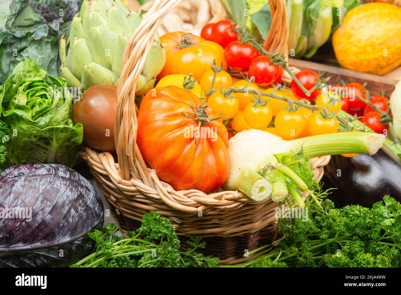 Null Abfall einkaufen. Sortiment von bunten Bio Gemüse, Kohl Tomaten Zwiebeln Pilze squash Paprika Knoblauch. Gesund Hintergrund Nahaufnahme, selektiven Fokus Stockfoto