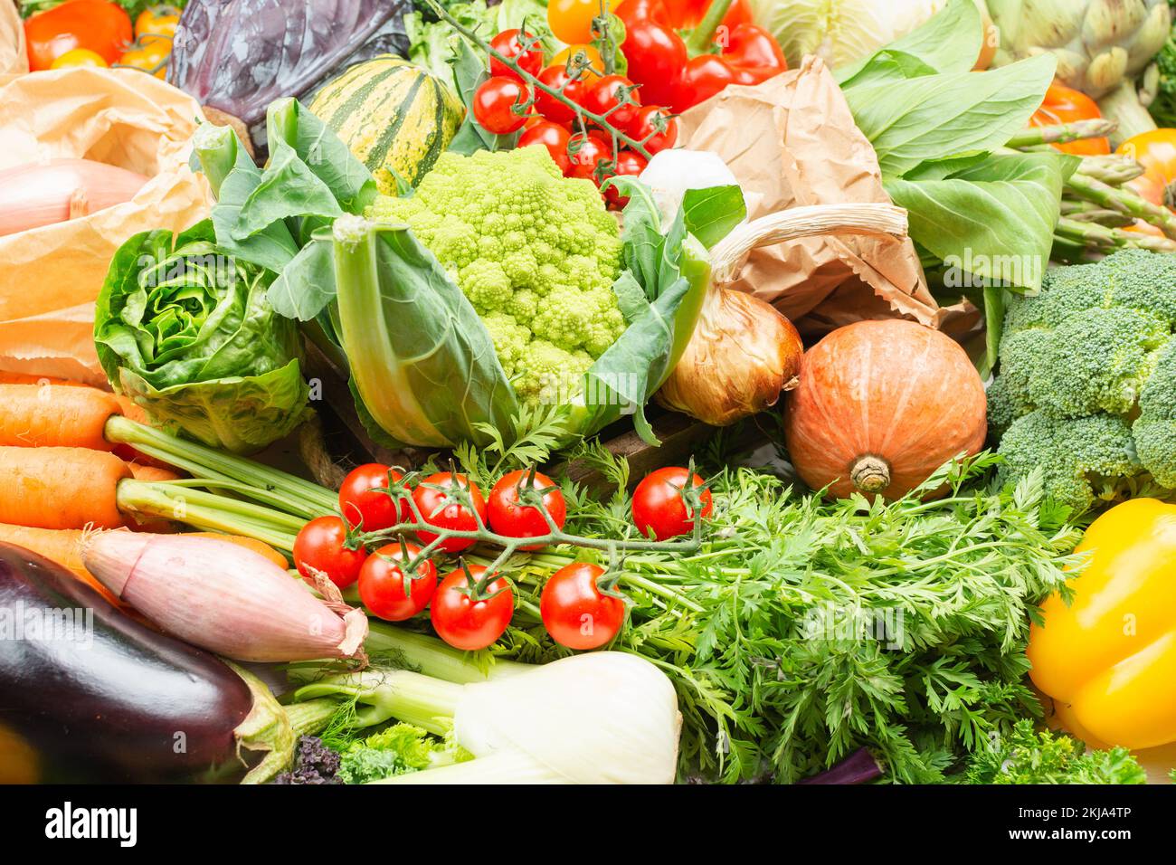 Null Abfall einkaufen. Sortiment von bunten Bio Gemüse, Kohl Tomaten Zwiebeln Pilze squash Paprika Knoblauch. Gesund Hintergrund Nahaufnahme, selektiven Fokus Stockfoto