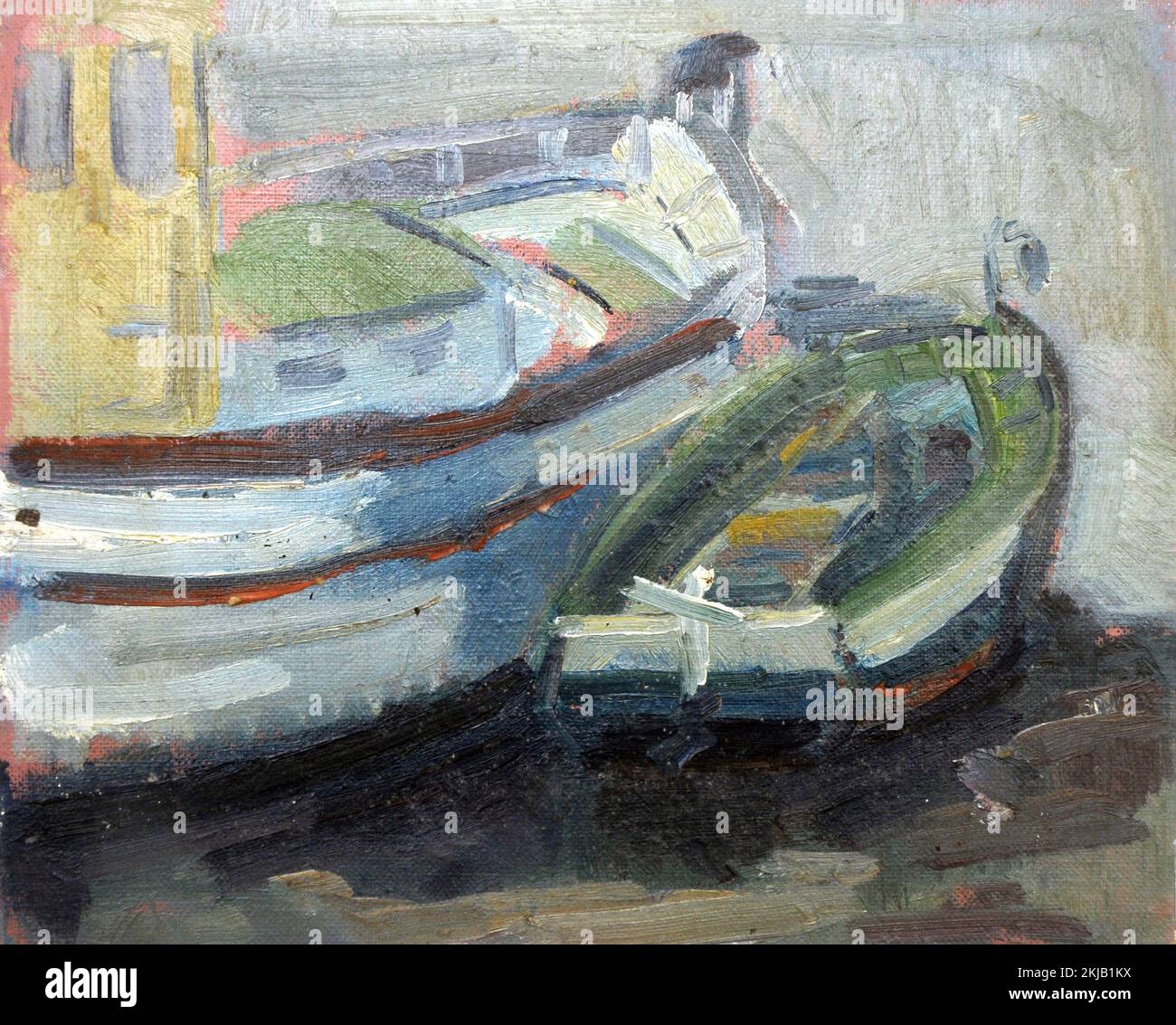 Ölgemälde von Booten auf Tablex, Details von Booten in Öl, Öl, künstlerisch, Kunst, nautisches Thema, Boote, Malen, Stockfoto