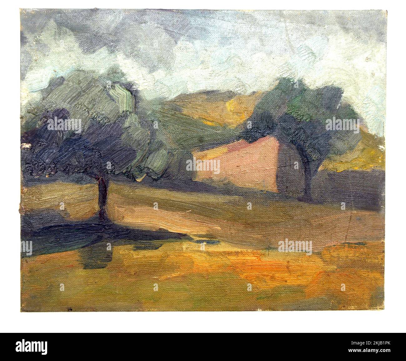 Ölgemälde auf Tablex, Bäume, Maler, Maler ein Bild malen, Öl, sitzender Maler, künstlerischer Ausdruck, künstlerisch, Vorstellungskraft, Kunst, Ausdruck, Stockfoto