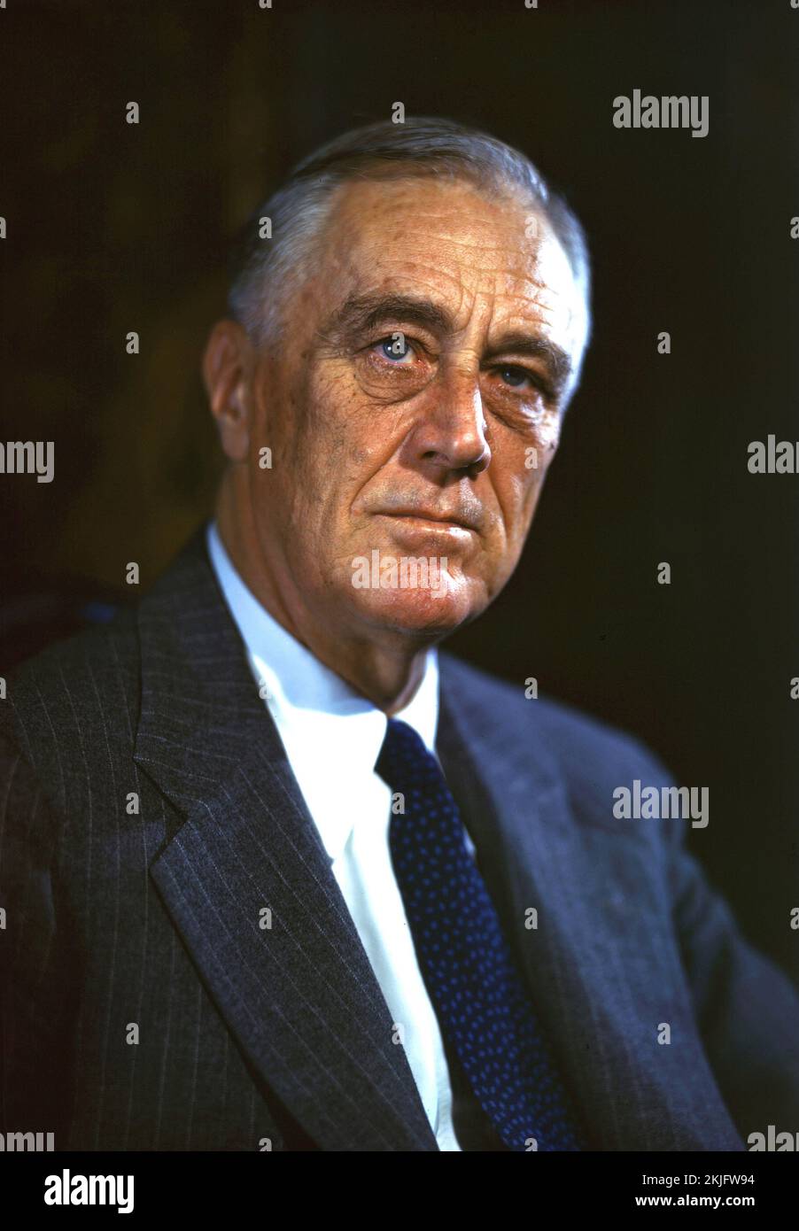 Ein 1944-farbiges Porträt von US-Präsident Franklin D. Roosevelt. Er war 62 Jahre alt. Bildnachweis https://commons.wikimedia.org/w/index.php?curid=71911951 Stockfoto