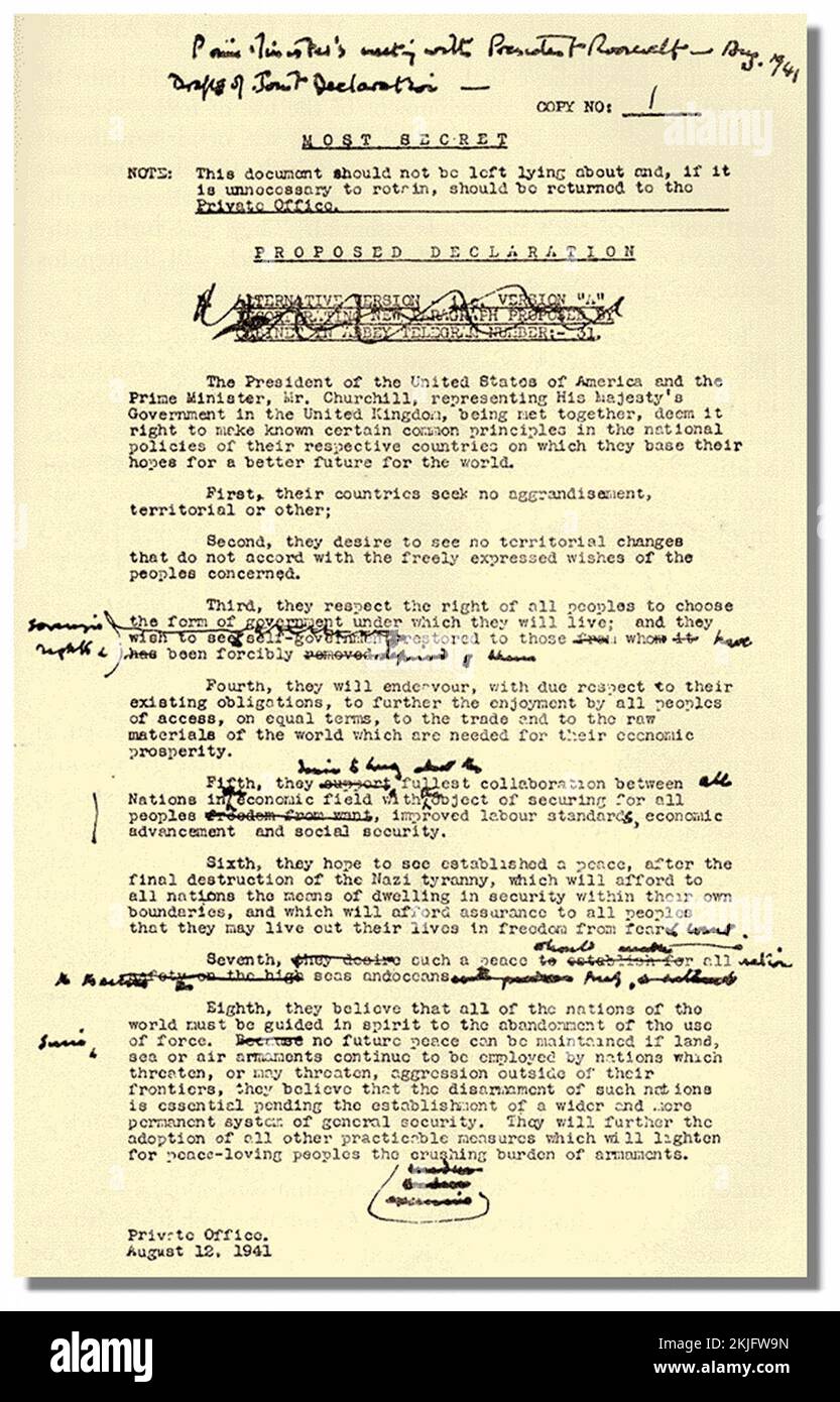 Winston Churchills bearbeitete Kopie des endgültigen Entwurfs der Atlantik-Charta Stockfoto