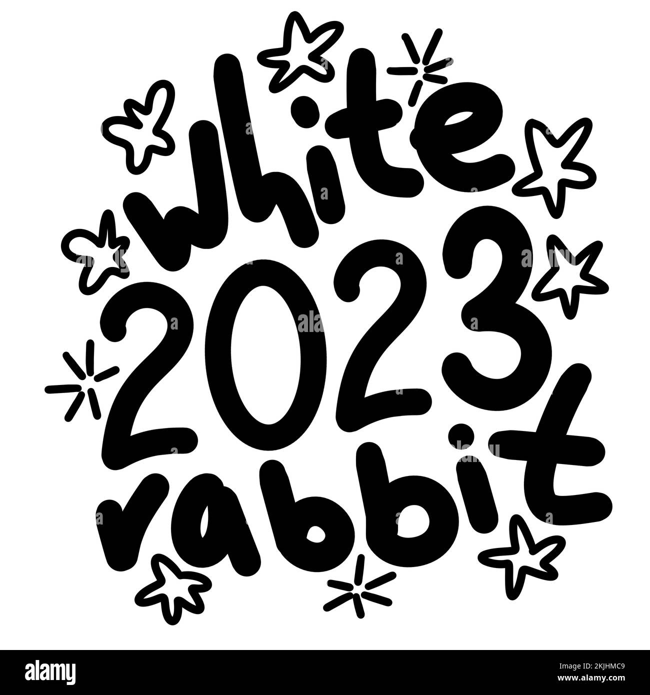 Handgezeichnete schwarze Linie mit weißem Kaninchen 2023 Symbol für chinesisches Neujahr. Niedliche Wörter Schriftzug Satz Tierzeichnung Winterkarte Einladung Party Feier Poster Stockfoto