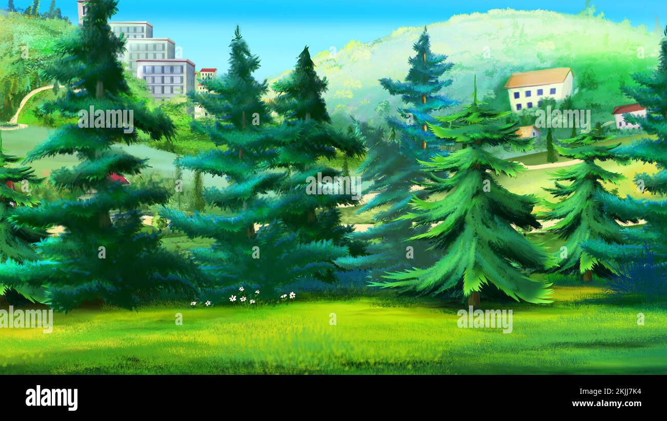 Fichte im Park an einem Sommertag. Digital Painting Background, Illustration. Stockfoto