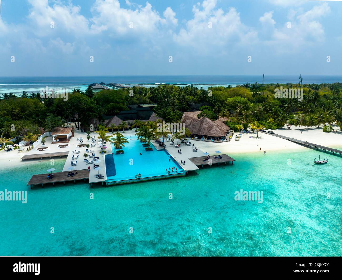 Luftaufnahme, Paradise Island mit Wasser Bungalows, Indischer Ozean, Lankanfushi, North Malé Atoll, Malediven, Asien Stockfoto