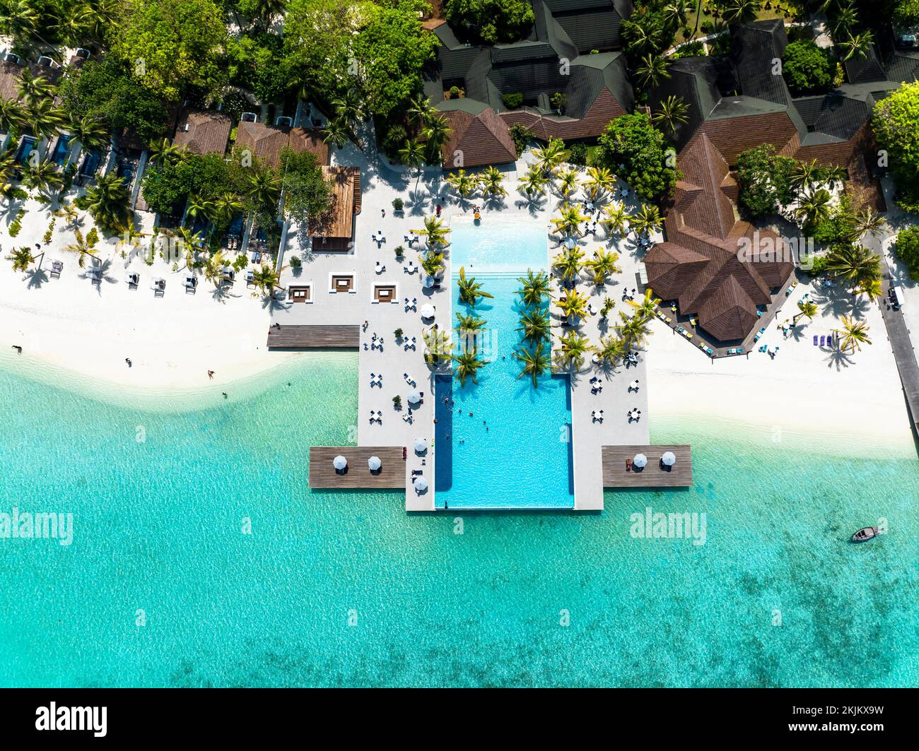 Luftaufnahme, Paradise Island mit Wasser Bungalows, Indischer Ozean, Lankanfushi, North Malé Atoll, Malediven, Asien Stockfoto
