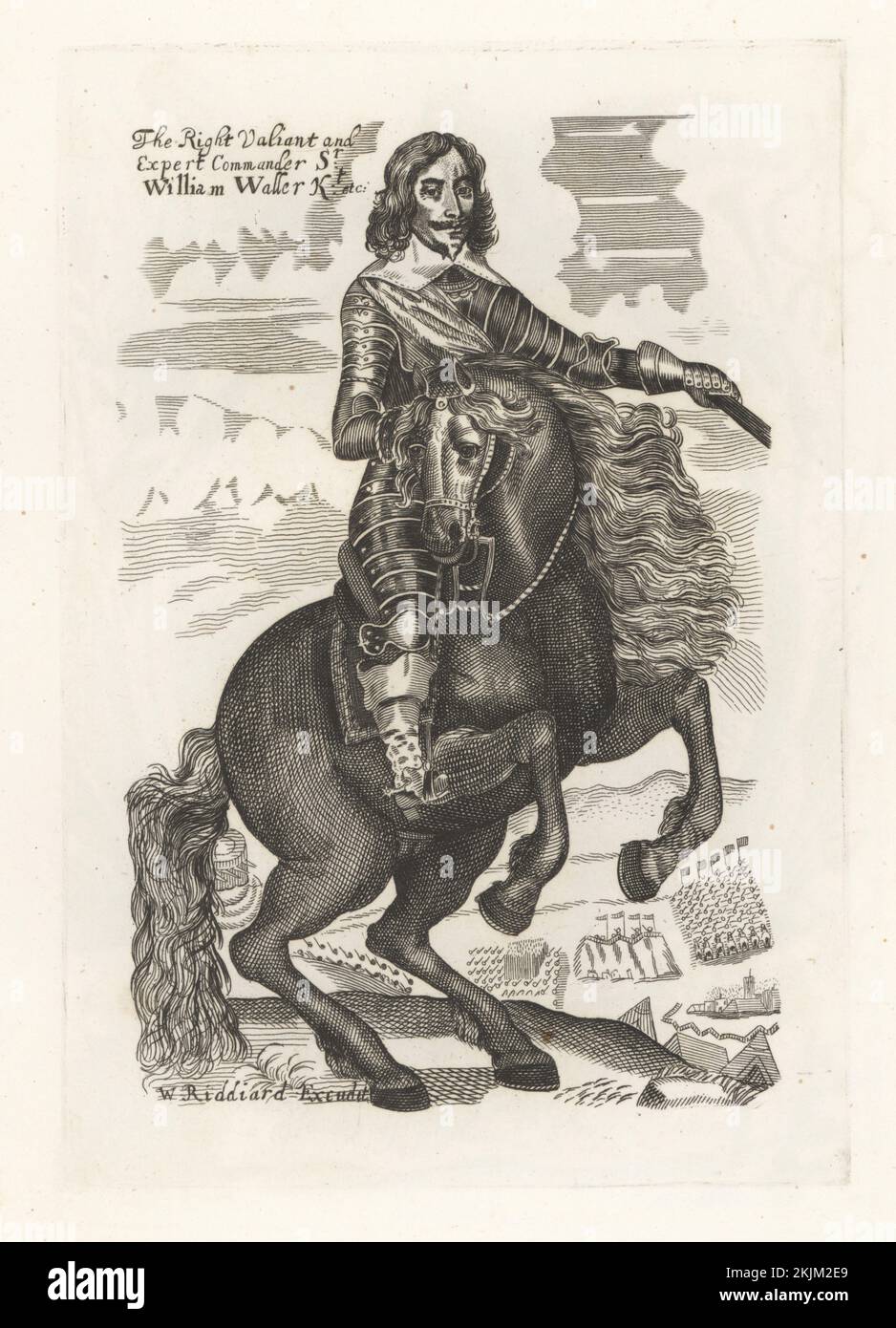 Sir William Waller, englischer Soldat, c. 1597-1668. Befehlshaber der parlamentarischen Armeen während des ersten Englischen Bürgerkriegs. Auf dem Pferderücken in Panzer, Schärpe, Kragen und Stiefeln mit Sporen. Vignette militärischer Lager und Schlachten. Der richtige tapfere und erfahrene Commander. Herausgegeben von William Riddiard, aus dem einzigartigen Reitausdruck in Earl Spensers Clarendon. Copperplate-Gravur aus Samuel Woodburn's Gallery of Rare Portraits, bestehend aus Original-Platten, George Jones, 102 St Martin's Lane, London, 1816. Stockfoto