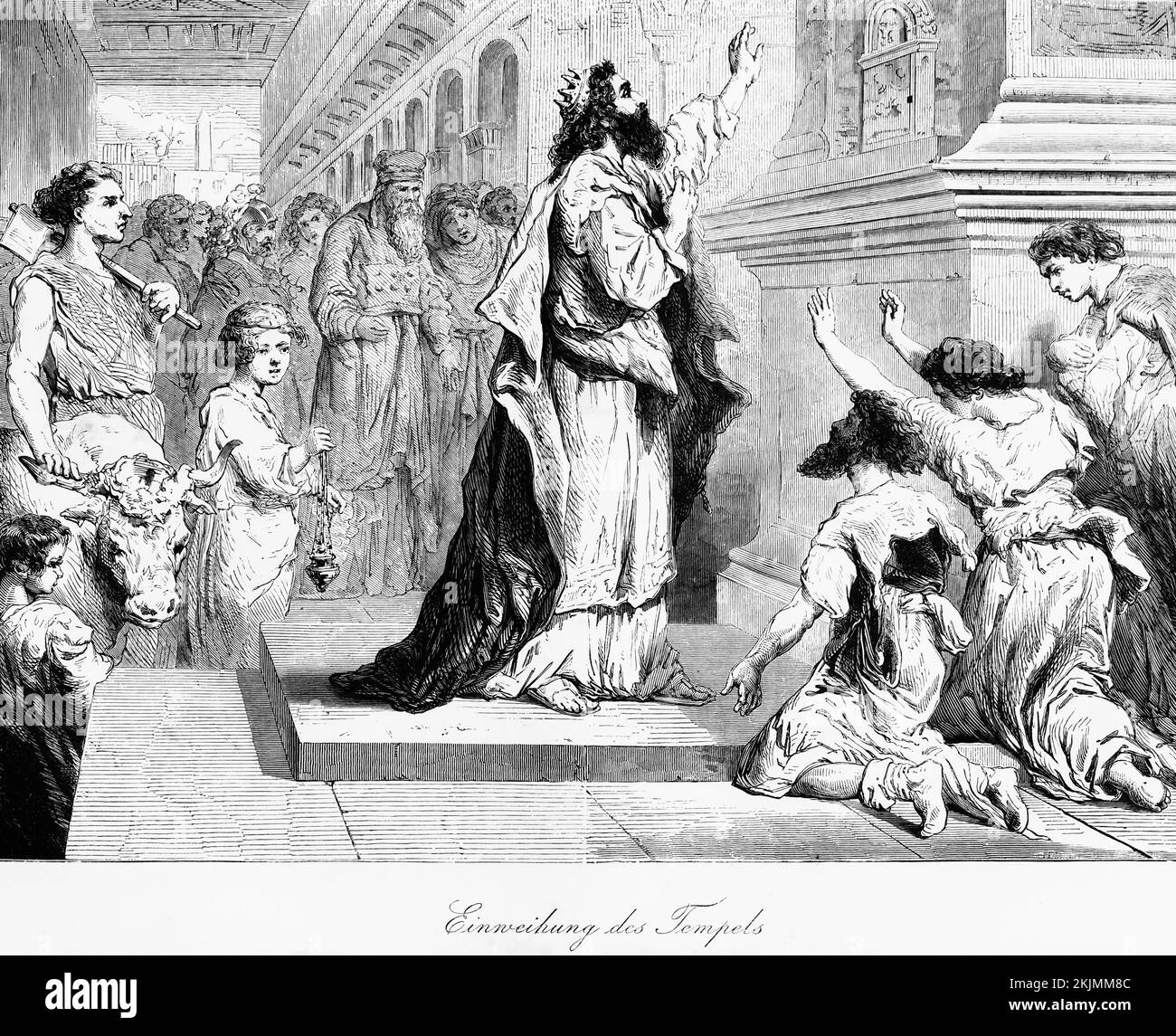 Einweihung des Tempels, Menge, König Salomon, kniend, Weihrauch, Priester, Säulen, Halle, Ochsen, Bibel, Altes Testament, erstes Buch der Könige, Kapitel 6, Hi Stockfoto