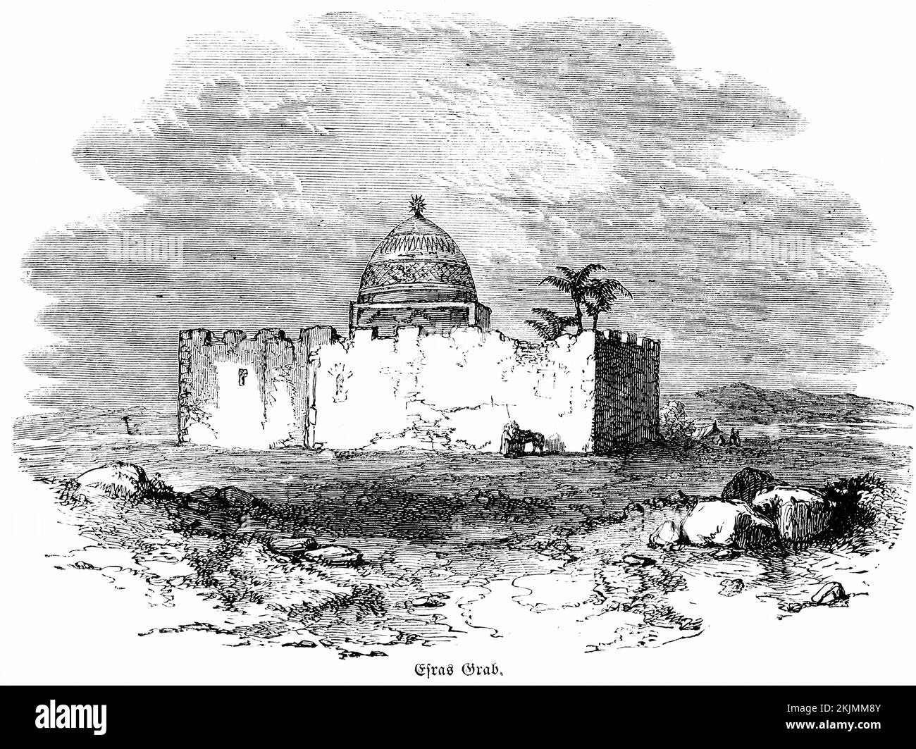 Ezras Grab, Landschaft, Moschee, Mauer, Kuppel, Palme, Bibel, Altes Testament, das Buch Nehemiah, Historische Illustration c. 1850 Stockfoto