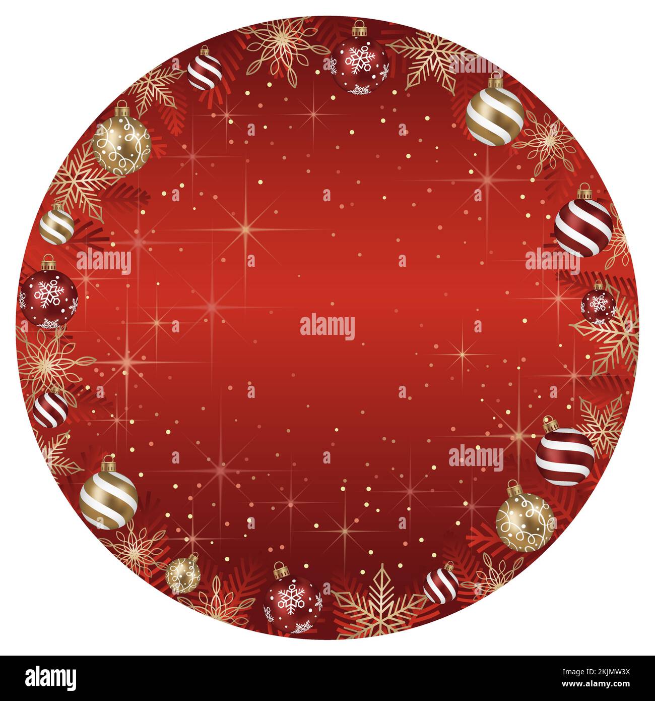 Abstrakte Vektordarstellung mit runden Rahmen und Weihnachtsbällen und leuchtendem roten Hintergrund isoliert auf weißem Hintergrund. Stock Vektor