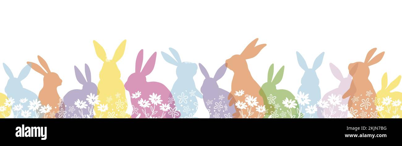 Happy Easter Vector nahtloser Hintergrund mit farbenfroher Osterhase-Silhouette isoliert auf weißem Hintergrund. Horizontal Wiederholbar. Stock Vektor