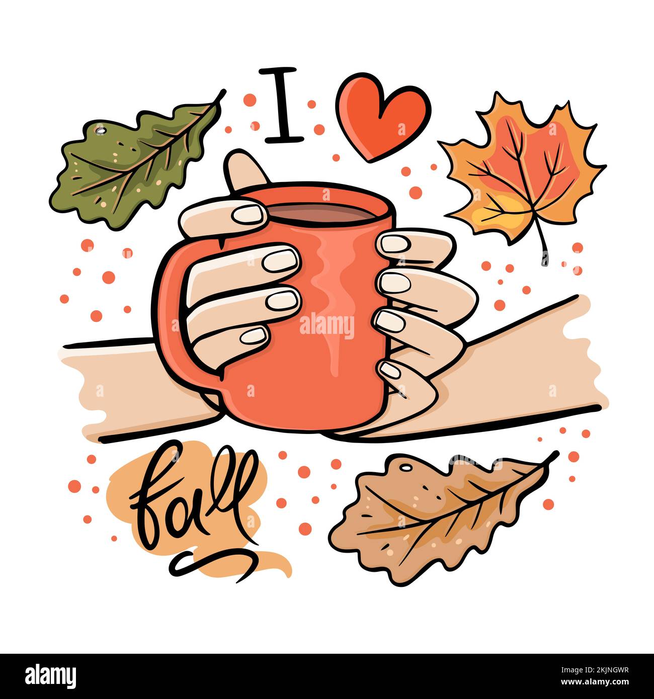 MÄDCHEN HÄLT EINE TASSE HEISSE SCHOKOLADE in den Händen Herbstgarten Natur handgezeichnet Cartoon Clip Art Vector Illustration Set für Print Stock Vektor