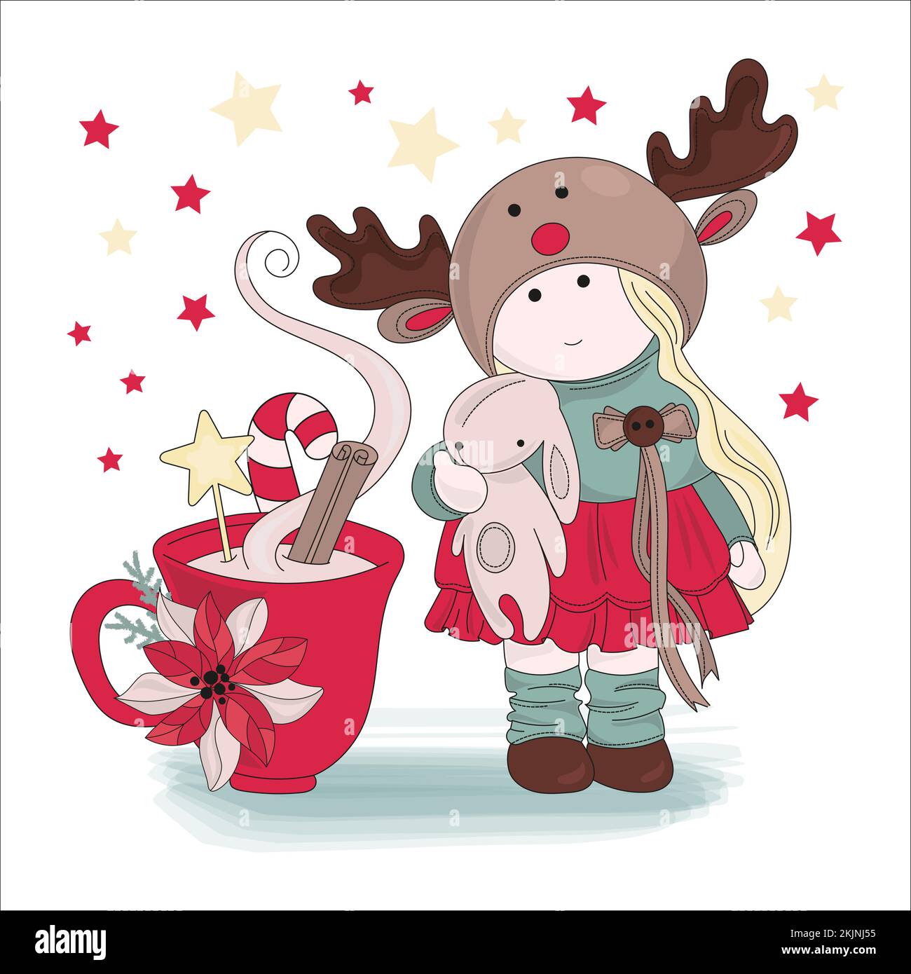 TILDA-Puppe HERZLICHEN GLÜCKWUNSCH FÜR MÄDCHEN Frohe Weihnachten Neujahr Cartoon Clip Art Vector Illustration Set zum Drucken Stock Vektor