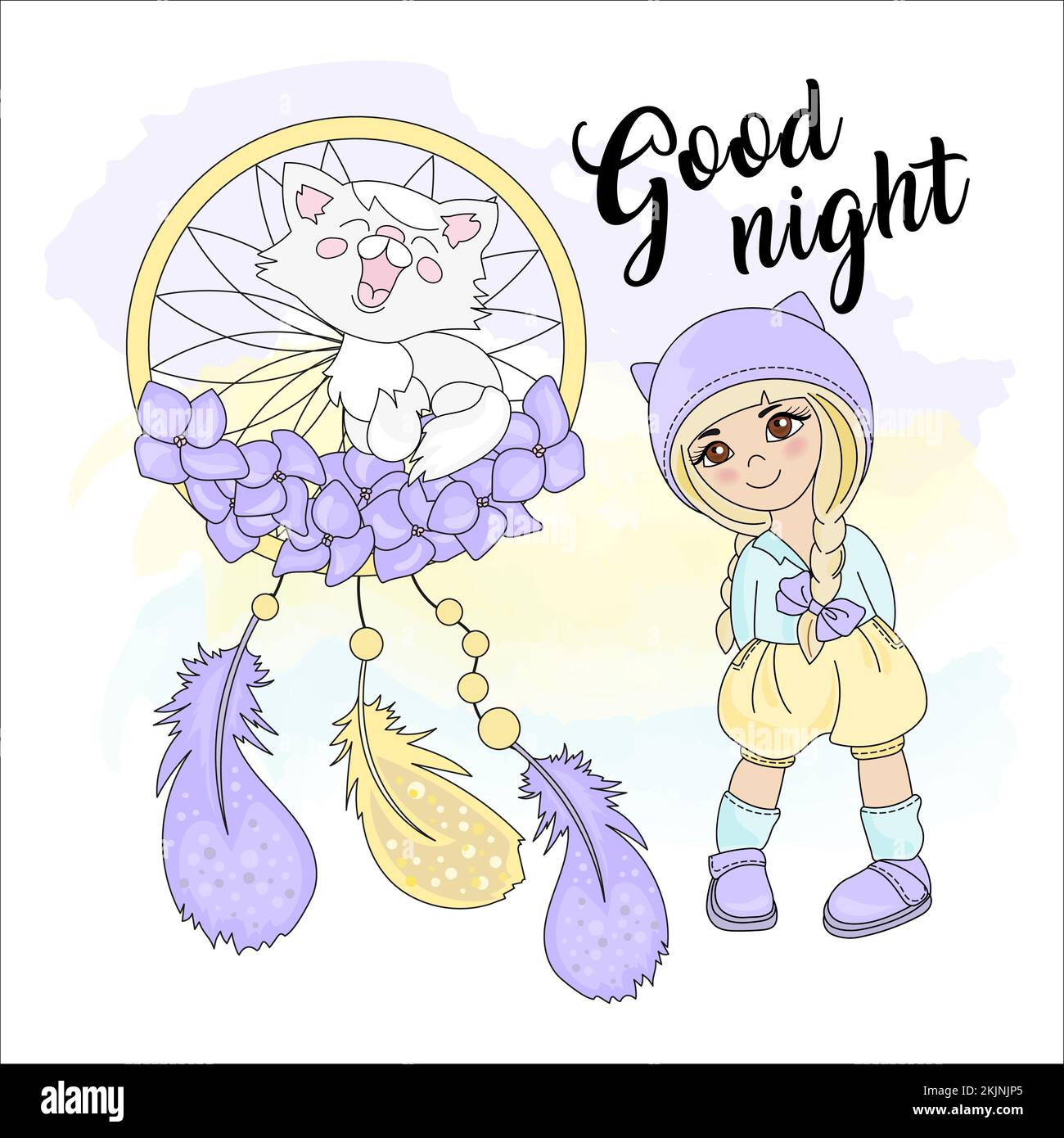 GIRL DREAMCATCHER Good Night Cartoon Clip Art Vector Illustration Set für Print Stock Vektor