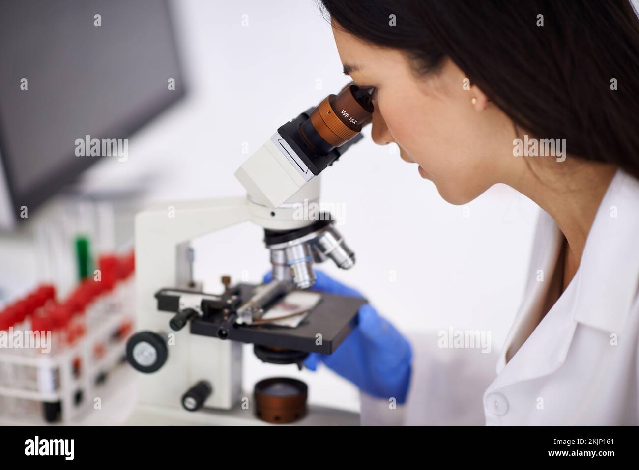Sicher zu halten, welche mit Blut arbeiten. Profil einer Wissenschaftlerin, die eine Probe durch ein Mikroskop betrachtet. Stockfoto