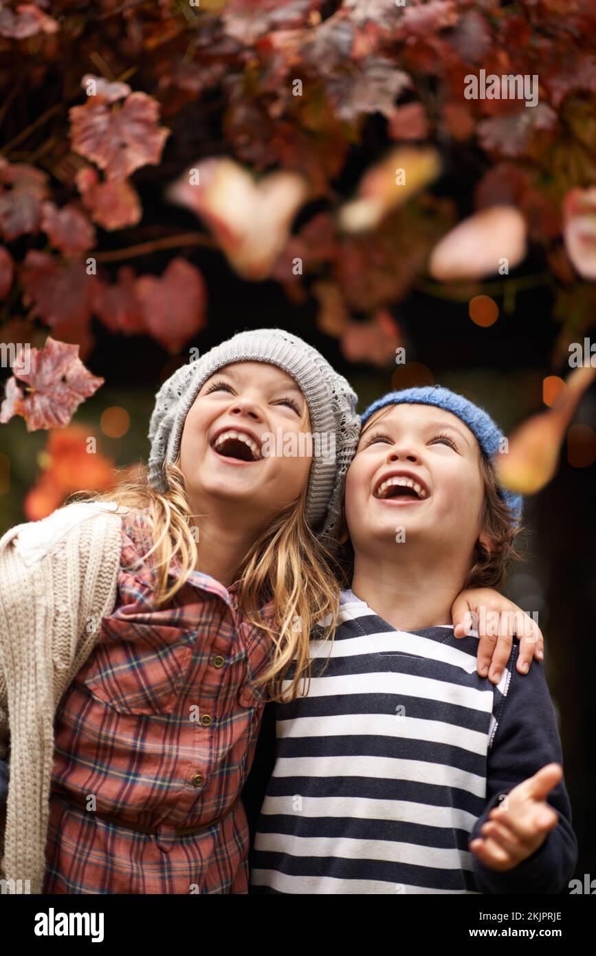 Herbstfreude. Zwei süße Kinder lauerten fröhlich, während die Herbstblätter von den Bäumen fielen. Stockfoto