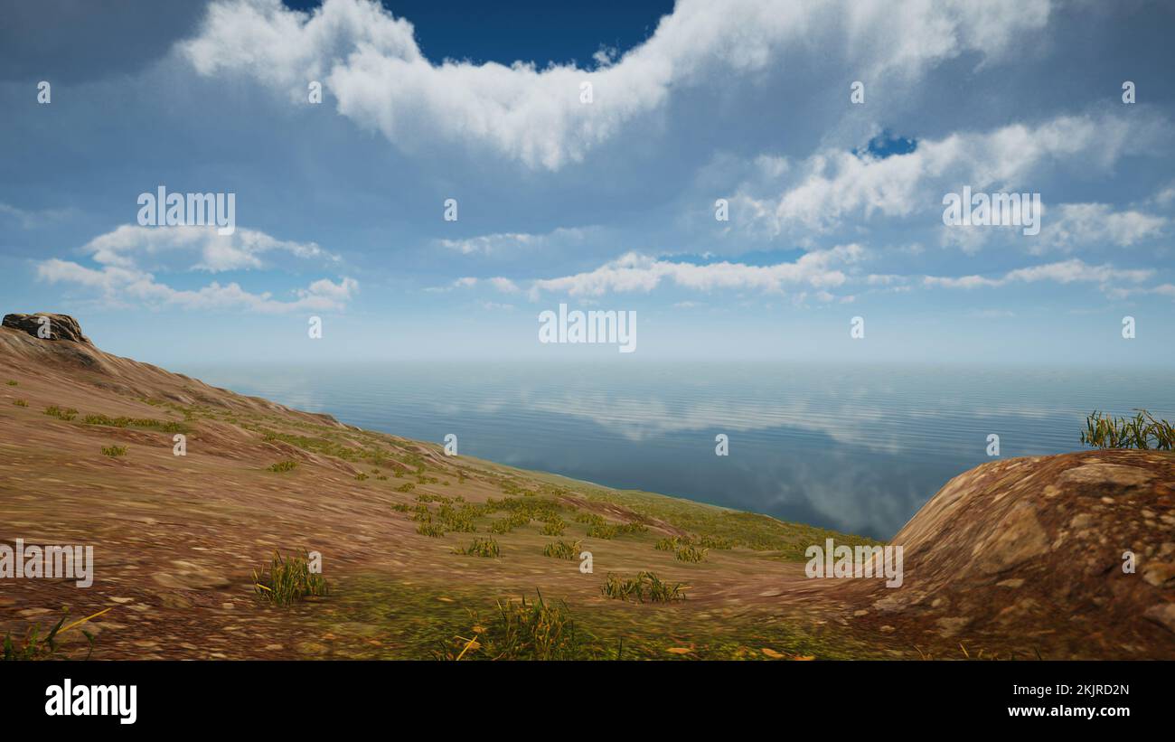 3D-Rendering. Natürliche Umgebung einer grünen Insel ohne Bäume. Hintergrund zur Veranschaulichung der Ziele der nachhaltigen Entwicklung und des Ökosystemschutzes. Stockfoto