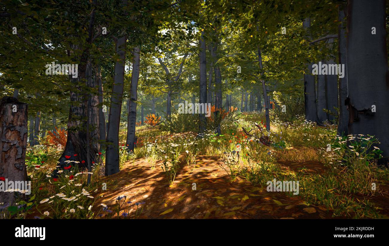 3D Rendern. Eine immersive natürliche Umgebung. Landschaft, um nachhaltige Entwicklungsziele und den Schutz von Ökosystemen zu veranschaulichen. Stockfoto