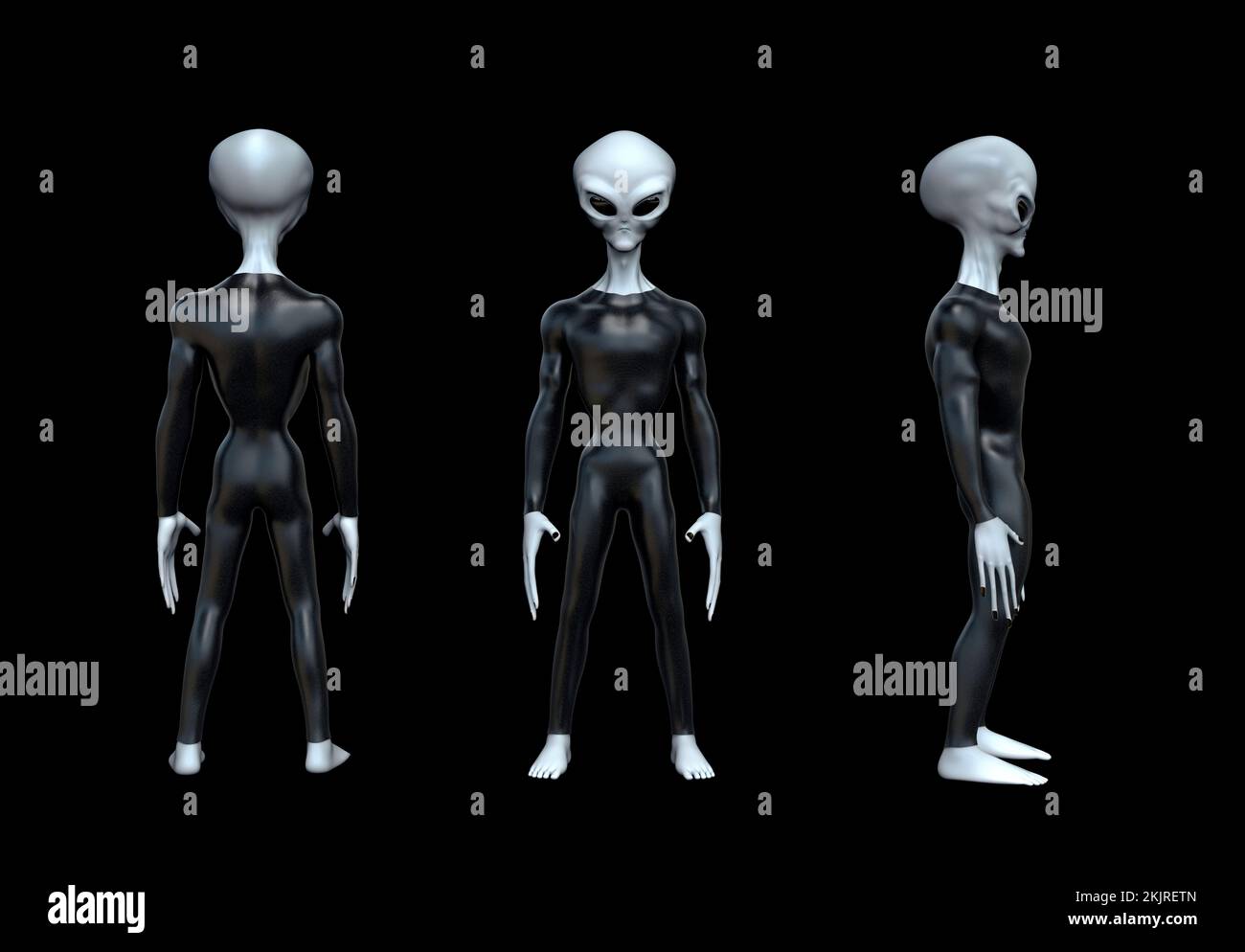 Außerirdischer, grauer Humanoid und außerirdischer Charakter. Sehr detailliertes und realistisches 3D-Rendering mit sehr hoher Auflösung Stockfoto