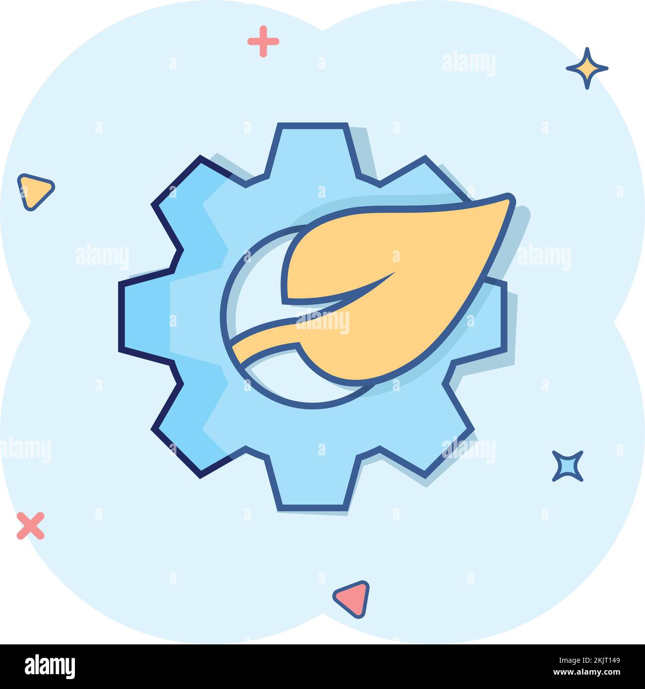 Leaf- und Gear-Ikone im Comic-Stil. COG mit pflanzlicher Cartoon-Vektordarstellung auf weißem isoliertem Hintergrund. Warnschild „Eco Machine Splash Effect“ Business CO Stock Vektor