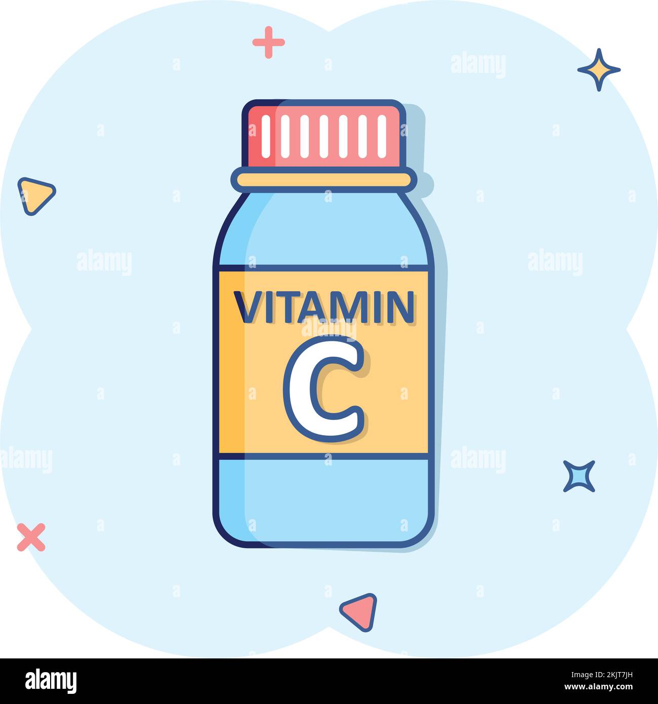 Vitamin-C-Ikone im Comic-Stil. Flasche mit Pillen-Cartoon-Vektordarstellung auf weißem isoliertem Hintergrund. Apotheke-Zeichen-Business-Konzept-Splash-Effekt Stock Vektor