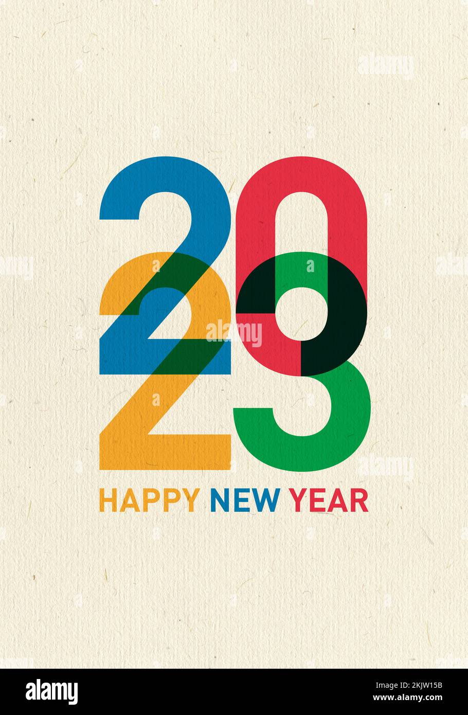 2023 Grußkarte zum Neujahr aus der ganzen Welt in verschiedenen Sprachen und Farben Stockfoto