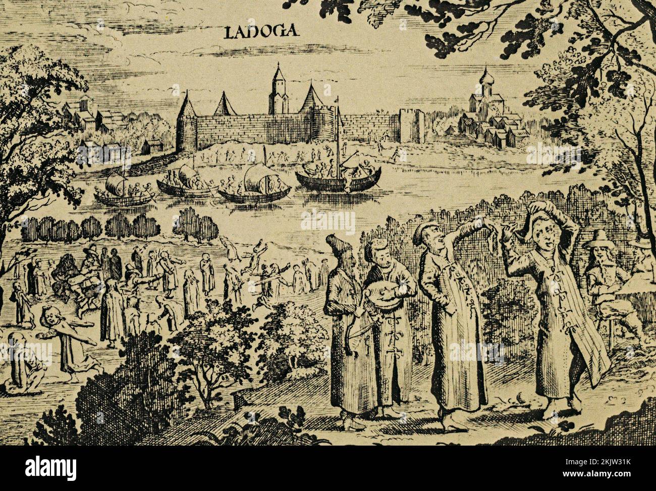 Festung In Ladoga. Gravur aus der Reise Adam Olearius, 17.. Jahrhundert. Adam Olearius war Deutscher Schüler, Mathematiker, Geographer und Libra Stockfoto