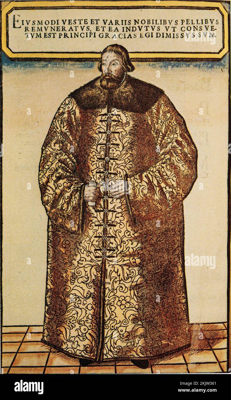 Kaiserlicher Botschafter Siegmund (sigismund) Freiherr von Herberstein in reicher russischer Kleidung, ausgestellt von Vasily III. Gravur aus dem 16.. Jahrhundert. War Ein Carniol Stockfoto