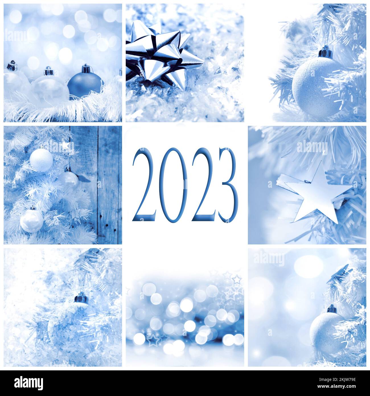 Grußkarte im quadratischen Format 2023 über Winter- und weihnachtsdekoration Stockfoto