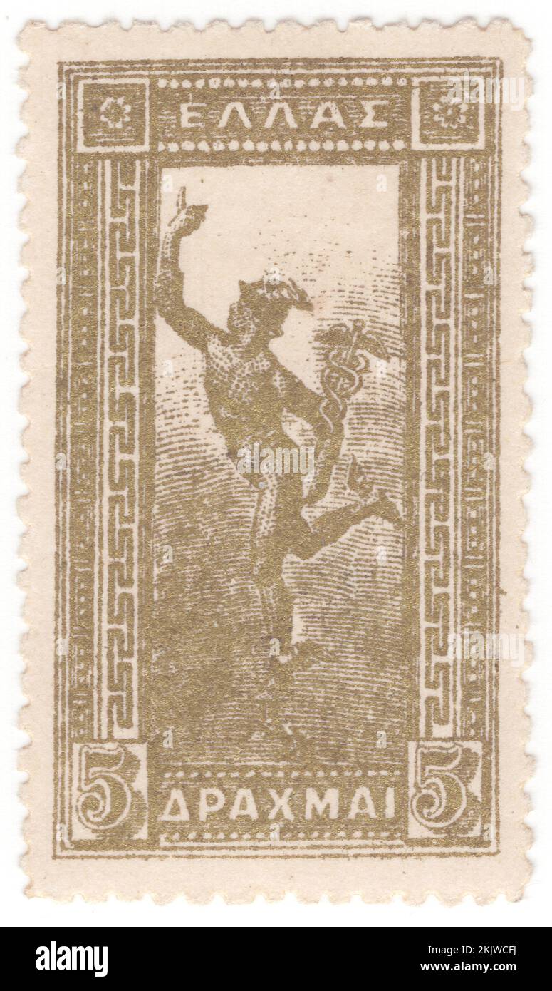 GRIECHENLAND - 1901: Eine goldene Briefmarke von 5 Drachmen mit der Aufschrift "Flying Hermes". Statue des Bildhauers des 16.. Jahrhunderts, Jean Boulogne, oder Giovanni da Bologna oder Giambologna. Hermes war die olympische Gottheit in der alten griechischen Religion und Mythologie. Mitglied der zwölf Olympischen Spiele. Hermes gilt als Herald der Götter. Er gilt auch als Beschützer menschlicher Heralden, Reisender, Diebe, Händler und Redner. Er kann sich schnell und frei zwischen den Welten des Sterblichen und des Göttlichen bewegen, unterstützt durch seine geflügelten Sandalen Stockfoto