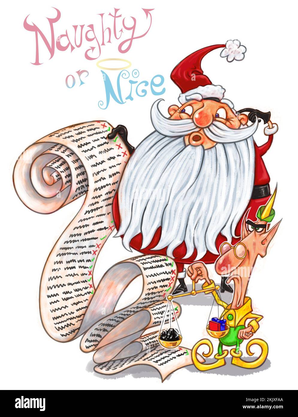 Weihnachtskunst Weihnachtsmann / Weihnachtsmann und Elf gehen durch die unartigen oder schönen Listen, Anzug Grußkarte, Weihnachtskarte, redaktioneller Newsletter Stockfoto