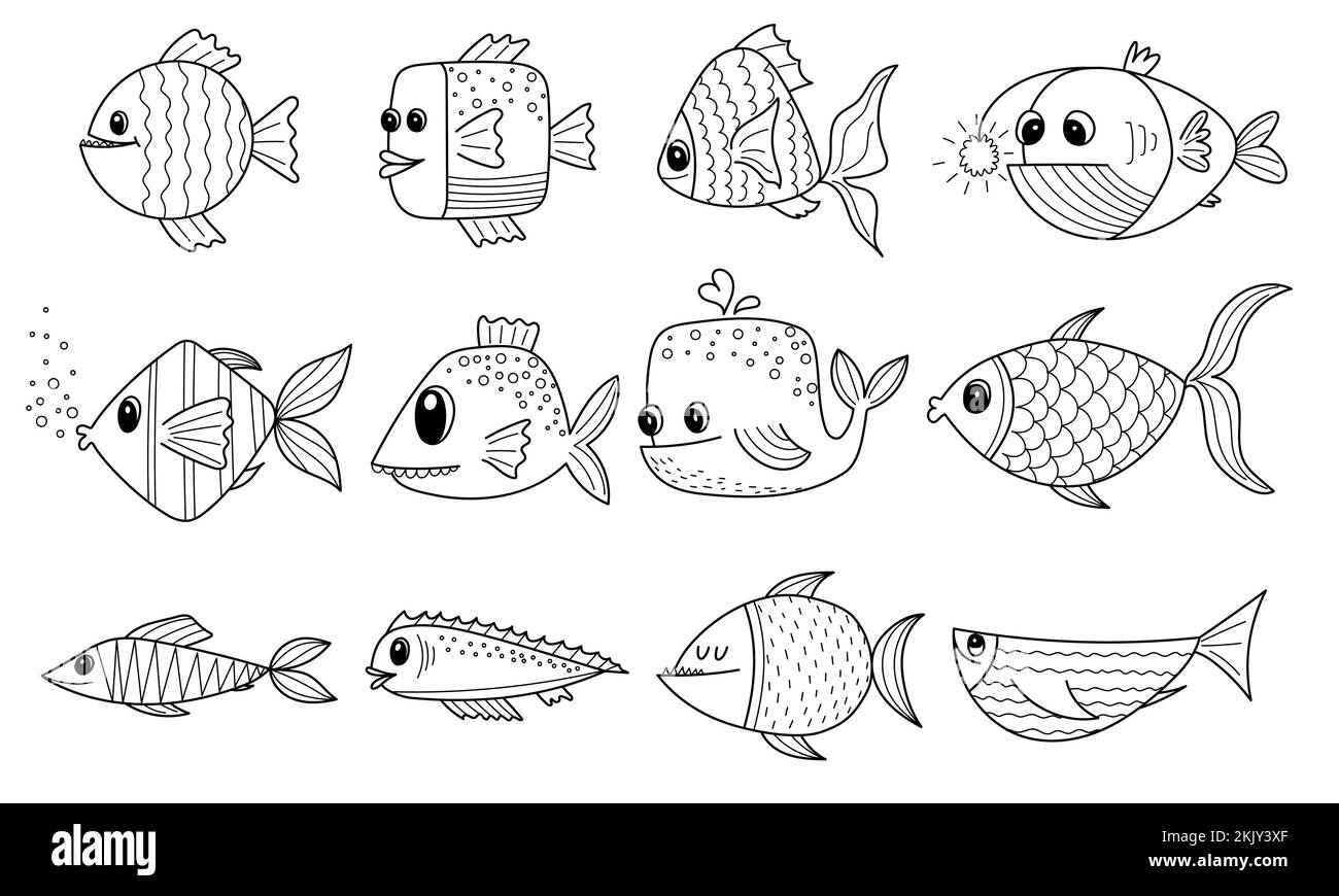 Ein Satz handgezeichneter Comic-Fische. Süßer lustiger abstrakter Fisch für Kinder Malbuch. Schwarzweiß-Vektordarstellung isoliert auf weißem Hintergrund Stock Vektor